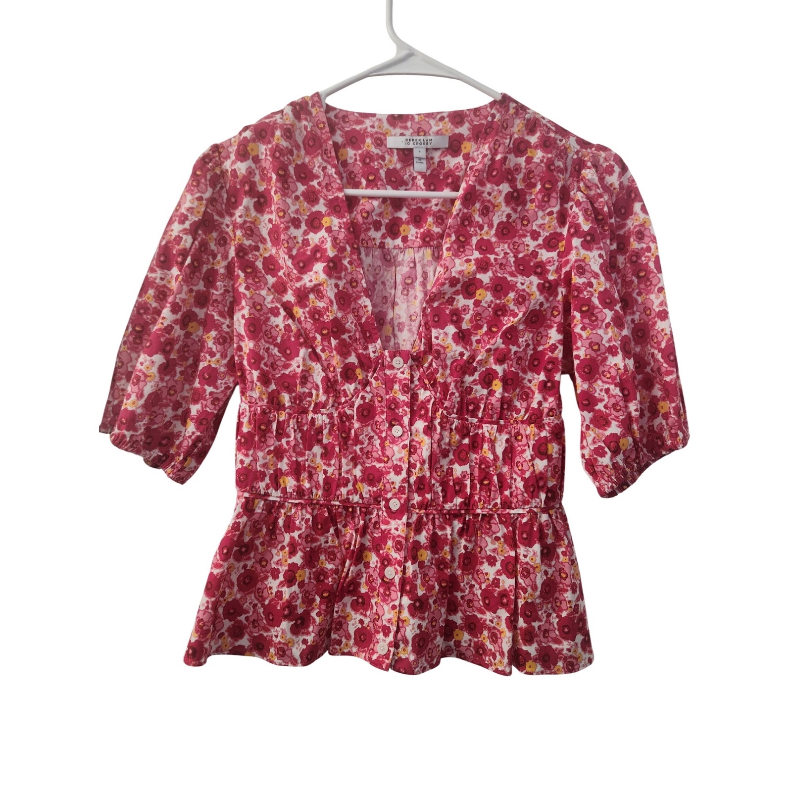Derek Lam 10 Crosby Pink Floral Puff Sleeve Smocked Peplum Blouse Size 6 Cottage